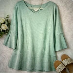 Soft Surroundings Boho Women 3/4 Flared Sleeved Light Green Top Soft Suede Feel